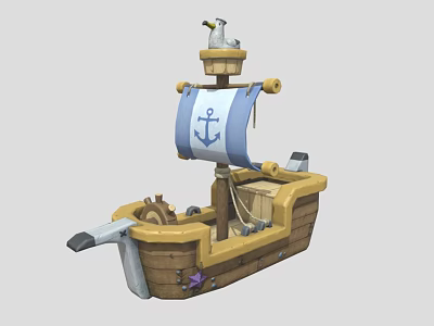 Wooden Ship With Blue White Sail Anchor Design Steering Wheel Toy Cannon And Star Decoration 3d model