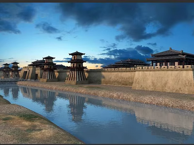 Ancient Architecture Waterfront Scene With Traditional Towers Stone Walls And Reflection 3d model