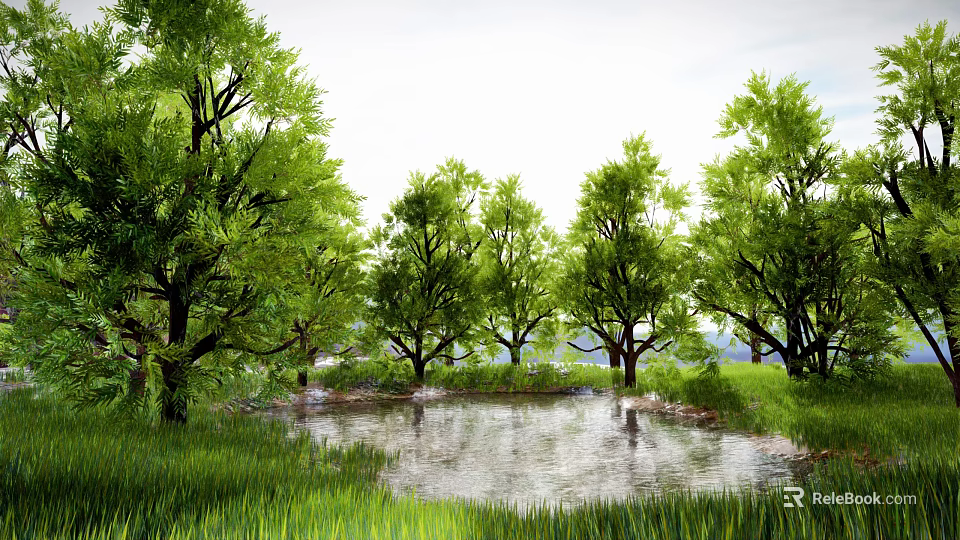 Scenic Park Landscape With Lush Green Trees Small Pond And Grassland 3d model 
