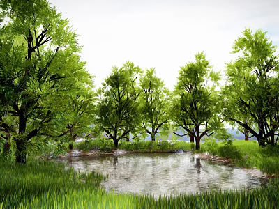Scenic Park Landscape With Lush Green Trees Small Pond And Grassland 3d model