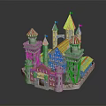 Cartoon Castle Scene Featuring Red Spires Multiple Towers Gray White Walls Small Windows and Doors