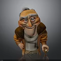 Elderly Man With White Hair Wrinkles And Brown Coat Holding Cane In Cartoon Style