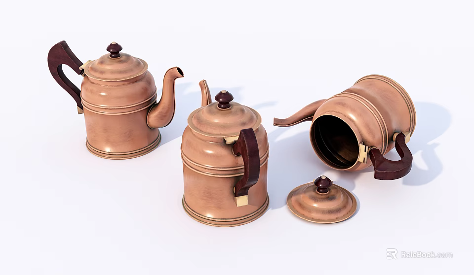 Copper Teapots With Wooden Handles And Removable Lids For Daily Use 3d model 
