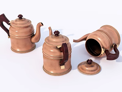 Copper Teapots With Wooden Handles And Removable Lids For Daily Use 3d model