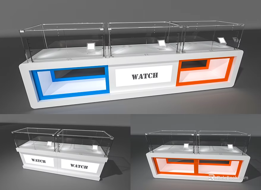 Modern Watch Display Shelf Featuring Glass Cover And Blue Orange Sections 3d model