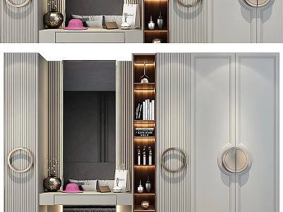 Modern Wardrobe Design With Mirror Doors Open Shelves And Metal Ring Handles 3d model