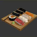 Fresh Assorted Sushi Platter with Salmon Tuna Nigiri and Maki Rolls on Wooden Tray