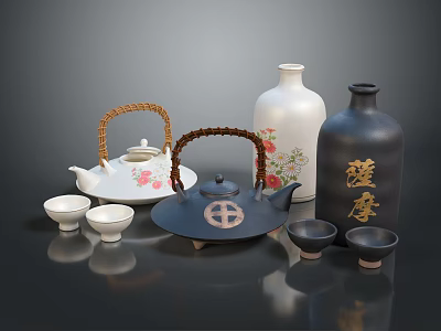 Traditional Tea Ceremony Utensils Including Teapots Teacups And Decorative Vases With Floral Patterns 3d model
