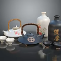 Traditional Tea Ceremony Utensils Including Teapots Teacups And Decorative Vases With Floral Patterns