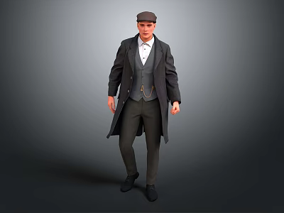 Man Wearing Vintage Formal Attire Standing With Long Coat Vest White Shirt And Cap 3d model