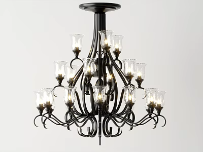 Vintage Chandelier Design With Black Metal Frame Glass Shades And Lit Bulbs 3d model
