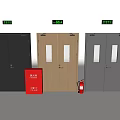 Fire Safety Double Doors With Gray Wooden And Gray Finish Red Fire Extinguisher Green Signs