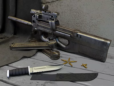 Military Rifle And Tactical Knife With Bullets Magazine On Fabric Wooden Surface 3d model