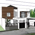 Modern Detached Villa With Wooden Facade White Walls Greenery Black Gate And Parking Space