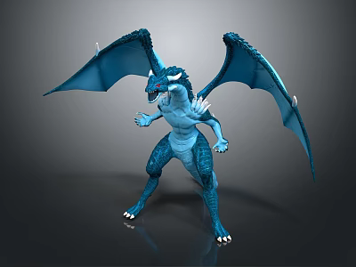 3D Render Of Mythical Blue Dragon With Spread Wings And White Spikes 3d model