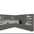 Modern Gray Kitchen Cabinets With Glass Doors Marble Countertop And Built-in Oven