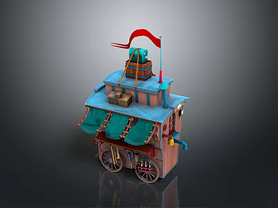 Mobile Vendor Cart With Green Awning Red Flag And Storage Box On Wheels 3d model