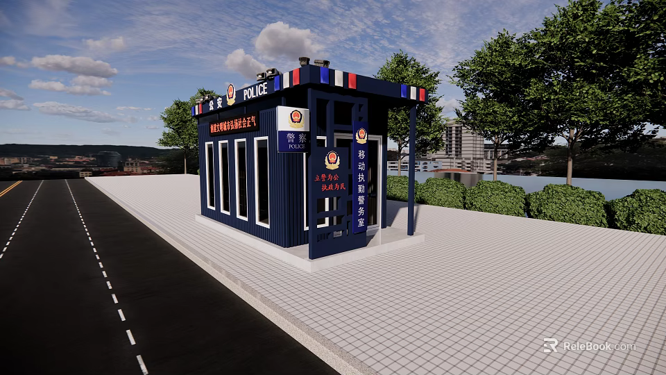 Blue Police Security Booth With POLICE Sign Near Green Trees And City View 3d model 