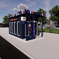 Blue Police Security Booth With POLICE Sign Near Green Trees And City View
