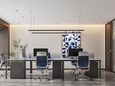 Modern Public Office Space With Desks Chairs Computers Pendant Lights And Geometric Accent Wall 3d model