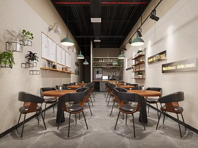 Modern Café Interior With Wooden Tables Chairs Green Pendant Lights Wall Decorations And Menu Board 3d model