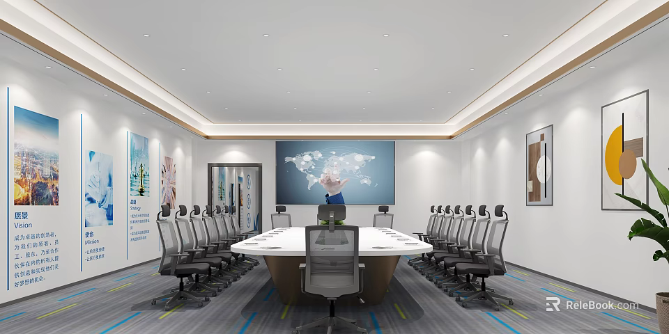 Modern Conference Room Interior With Large Table World Map Screen And Chairs 3d model