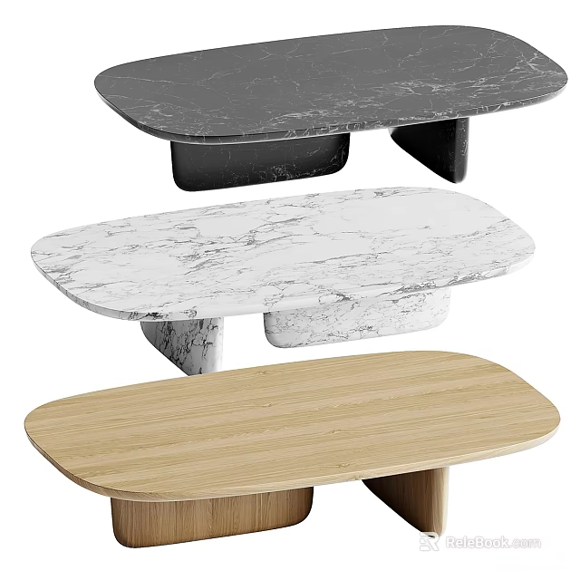 Stylish Oval Coffee Table With Marble And Wooden Tops Modern Geometric Base 3d model 