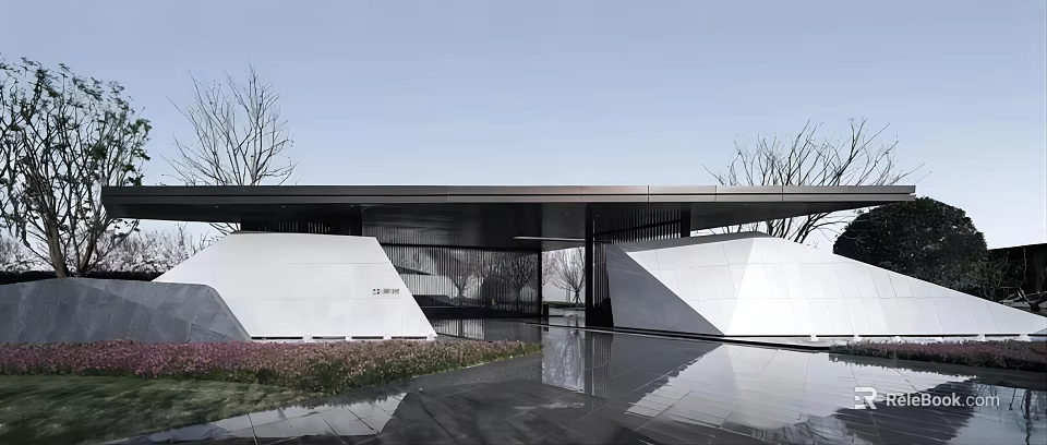 Modern Minimalist Entrance Gate Design With Glass Curtain Wall Gray Roof And Water Reflection 3d model 