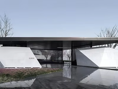 Modern Minimalist Entrance Gate Design With Glass Curtain Wall Gray Roof And Water Reflection 3d model