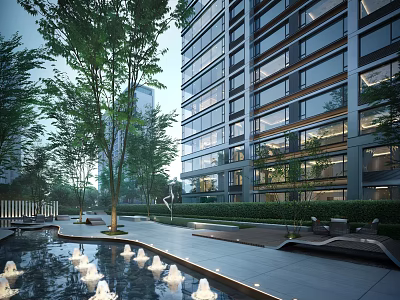 Modern High Rise Residential Building with Glass Facade Lush Trees Water Fountains and Relaxation Space 3d model