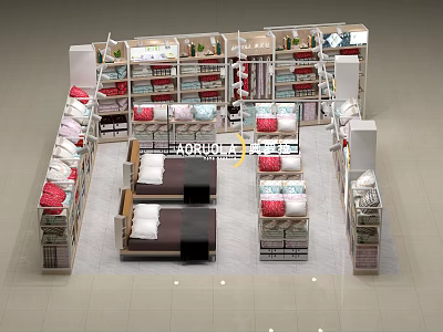 Display Shelves for Bedding Products in Retail Store Layout with Mattresses and Pillows 3d model