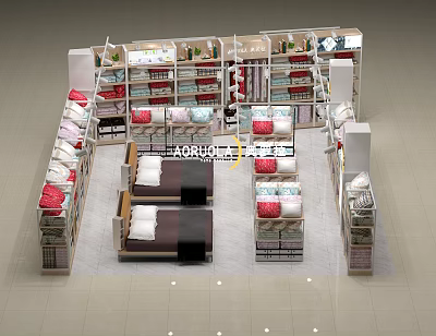 Display Shelves for Bedding Products in Retail Store Layout with Mattresses and Pillows 3d model