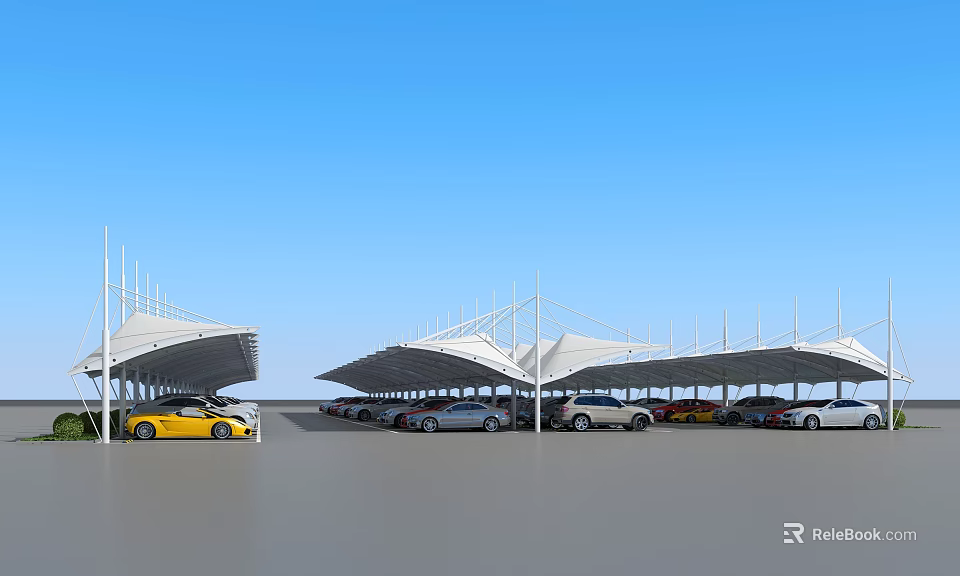 Tensile Membrane Parking Carport Structures With Multiple Cars Under Blue Sky 3d model 