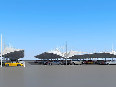 Tensile Membrane Parking Carport Structures With Multiple Cars Under Blue Sky 3d model