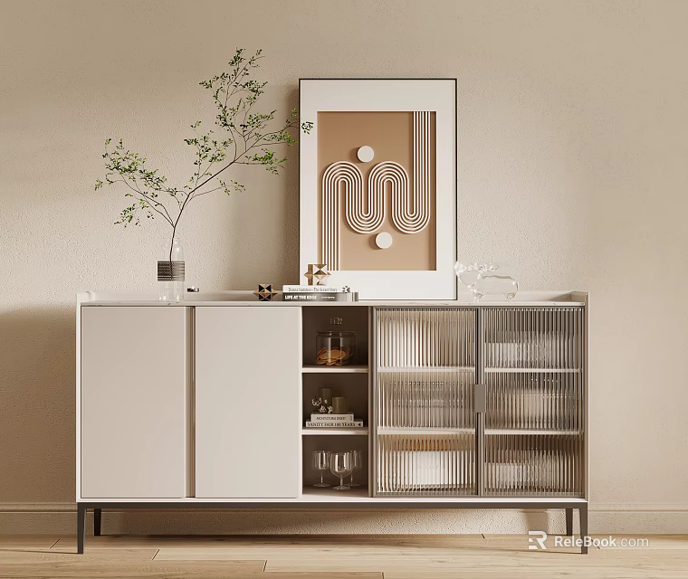 Modern White Sideboard With Glass Doors Open Shelves Green Plant Framed Art On Beige Wall 3d model 