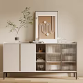 Modern White Sideboard With Glass Doors Open Shelves Green Plant Framed Art On Beige Wall