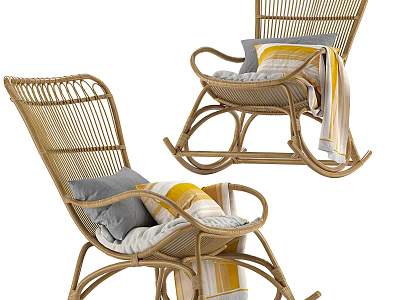 Relaxing Wicker Rocking Chairs with Gray Yellow Cushions and Striped Blanket 3d model