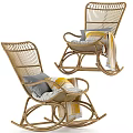 Relaxing Wicker Rocking Chairs with Gray Yellow Cushions and Striped Blanket