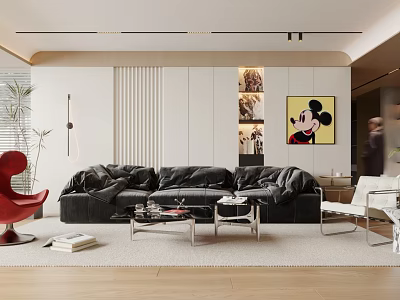 Modern Living Room Interior With Black Sofa Red Chair And Mickey Art 3d model