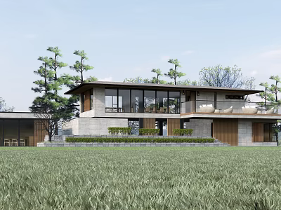 Modern Guesthouse Building With Large Glass Windows Surrounded by Grassland and Trees 3d model