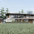 Modern Guesthouse Building With Large Glass Windows Surrounded by Grassland and Trees