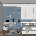 Modern Tatami Bedroom Interior With Blue Walls White Furniture Desk Bookshelves And Natural Light