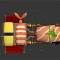 Adorable Sushi Themed Cart With Sushi Dog Decor And Wooden Stools