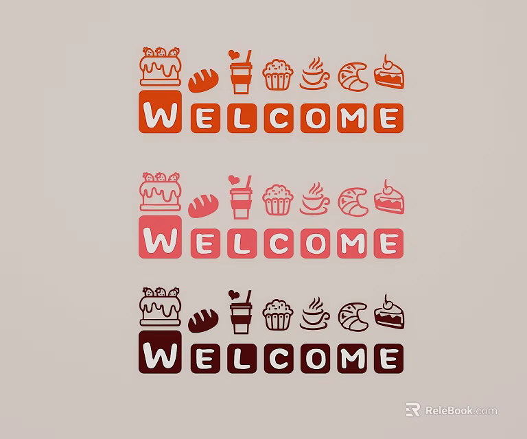 Colorful Hanging Decoration With Welcome Sign And Food Icons Cake Bread Coffee 3d model 
