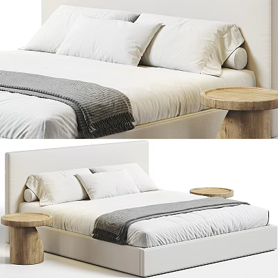 Modern Double Bed With White Bedding Gray Throw Blanket And Wooden Side Tables 3d model
