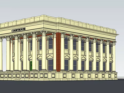 Classical Continuous Building With White Facade Columns And Brick Red Accents 3d model