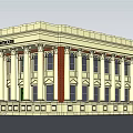 Classical Continuous Building With White Facade Columns And Brick Red Accents