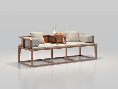Modern Chinese Luohan Bed With Wooden Frame Cushions Small Table Vase And Fruits 3d model