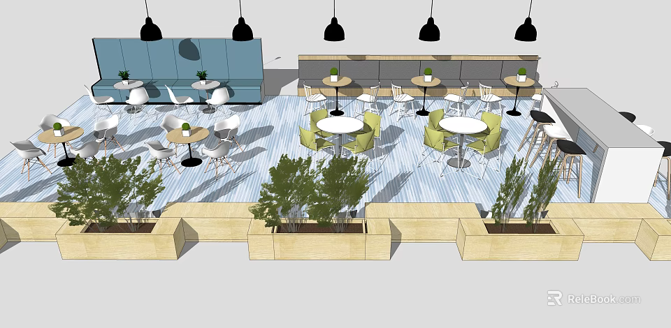 Casual Café Space With Round Tables Green White Chairs And Black Pendant Lights 3d model 