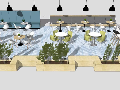 Casual Café Space With Round Tables Green White Chairs And Black Pendant Lights 3d model